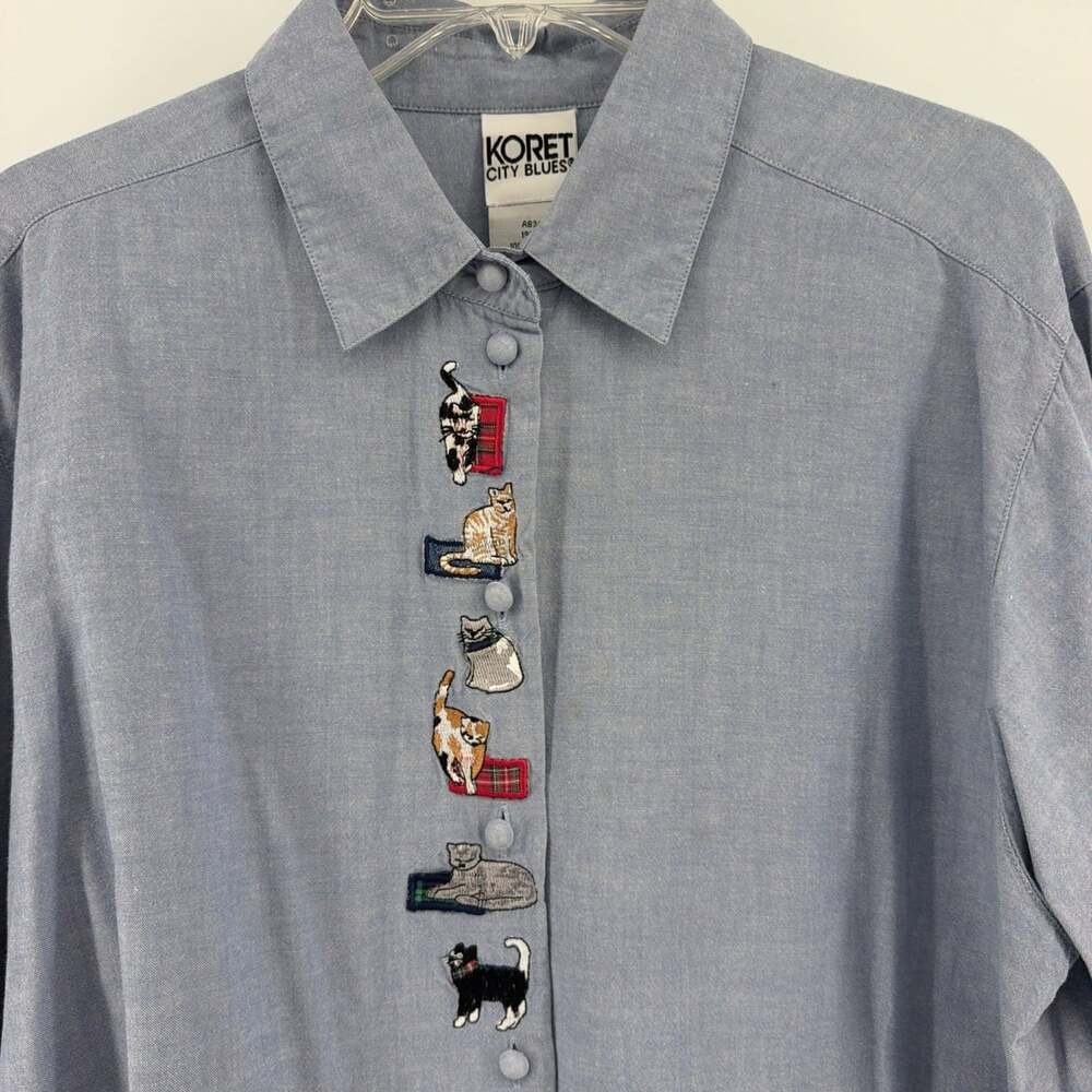 VTG Koret City Blues Sz XL Button Up Chambray Shirt Embroidered Cats Cat Lady